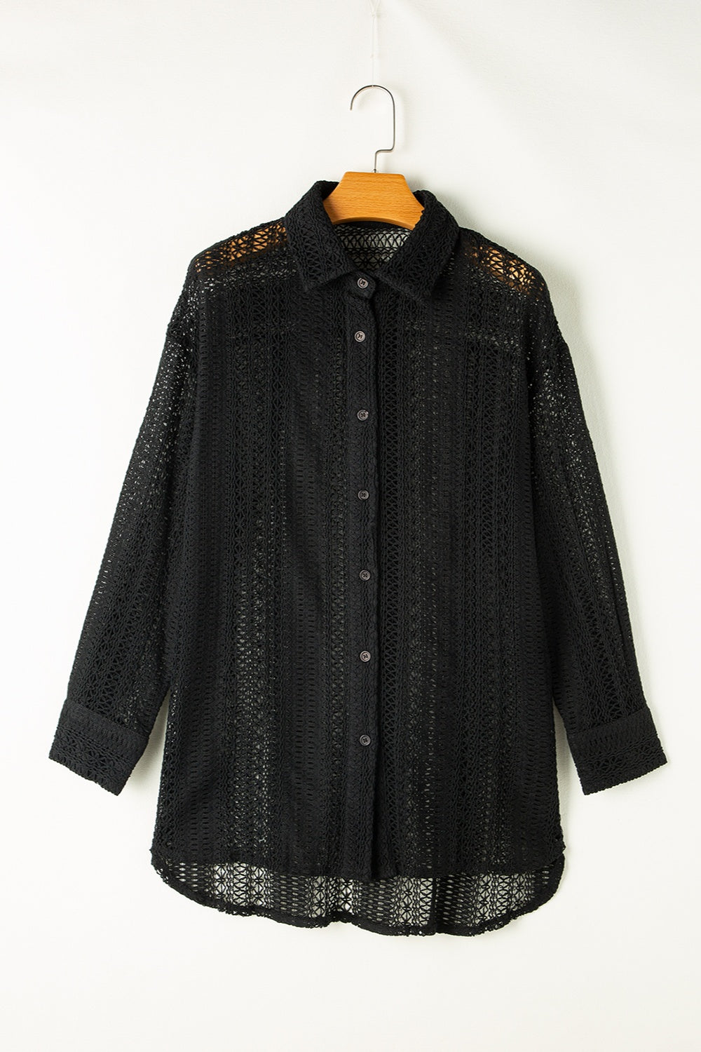 Openwork Collared Neck Long Sleeve Shirt - Black / S