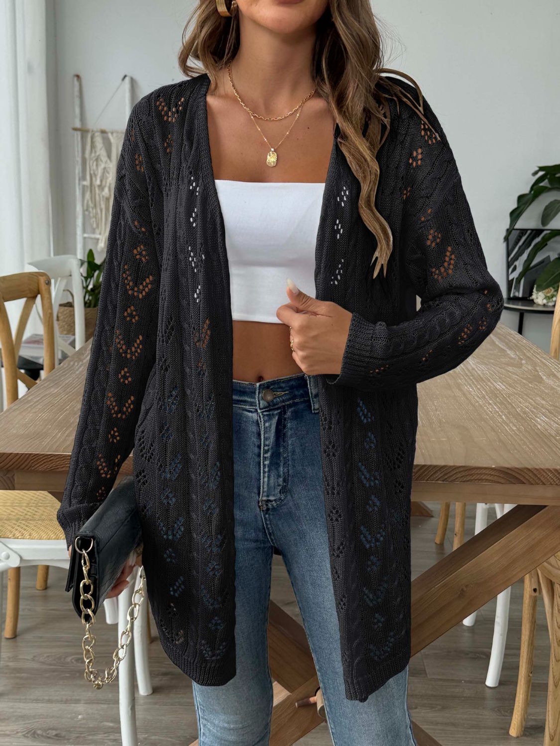 Openwork Open Front Long Sleeve Cardigan - Black / One Size