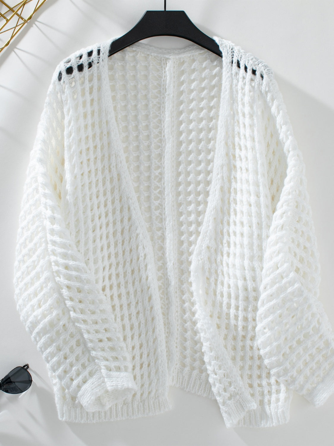 Openwork Open Front Long Sleeve Cardigan - White / S