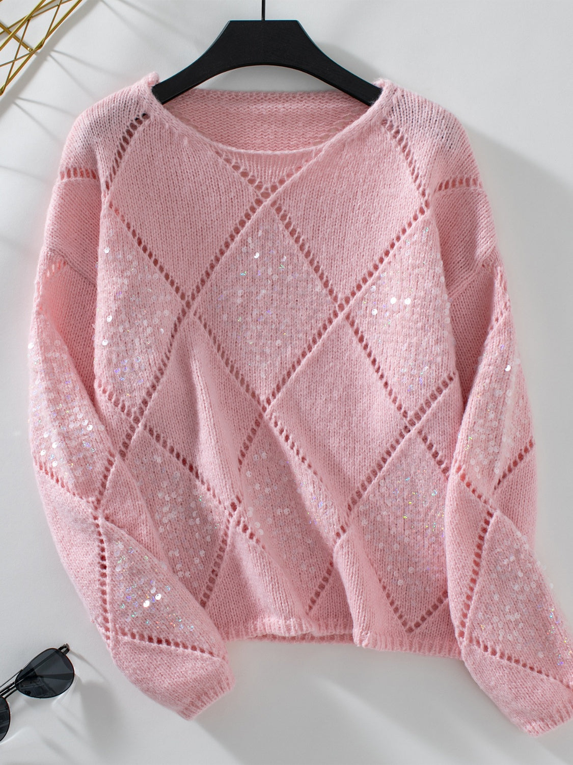 Openwork Round Neck Long Sleeve Knit Top - Dusty Pink / S