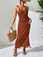 Openwork Scoop Neck Cover-Up Dress - Brown / S