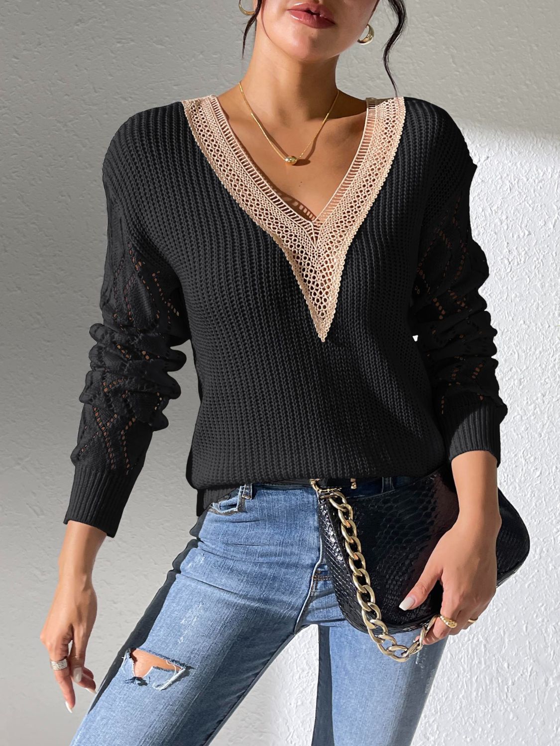 Openwork V-Neck Long Sleeve Sweater - Black / S