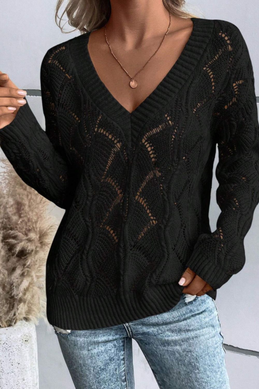 Openwork V-Neck Long Sleeve Sweater - Black / S