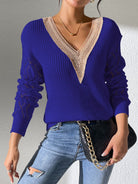 Openwork V-Neck Long Sleeve Sweater - Dark Blue / S