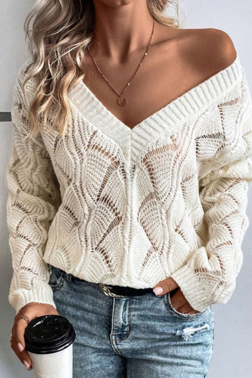 Openwork V-Neck Long Sleeve Sweater - Ivory / S