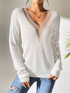 Openwork V-Neck Long Sleeve Sweater - White / S