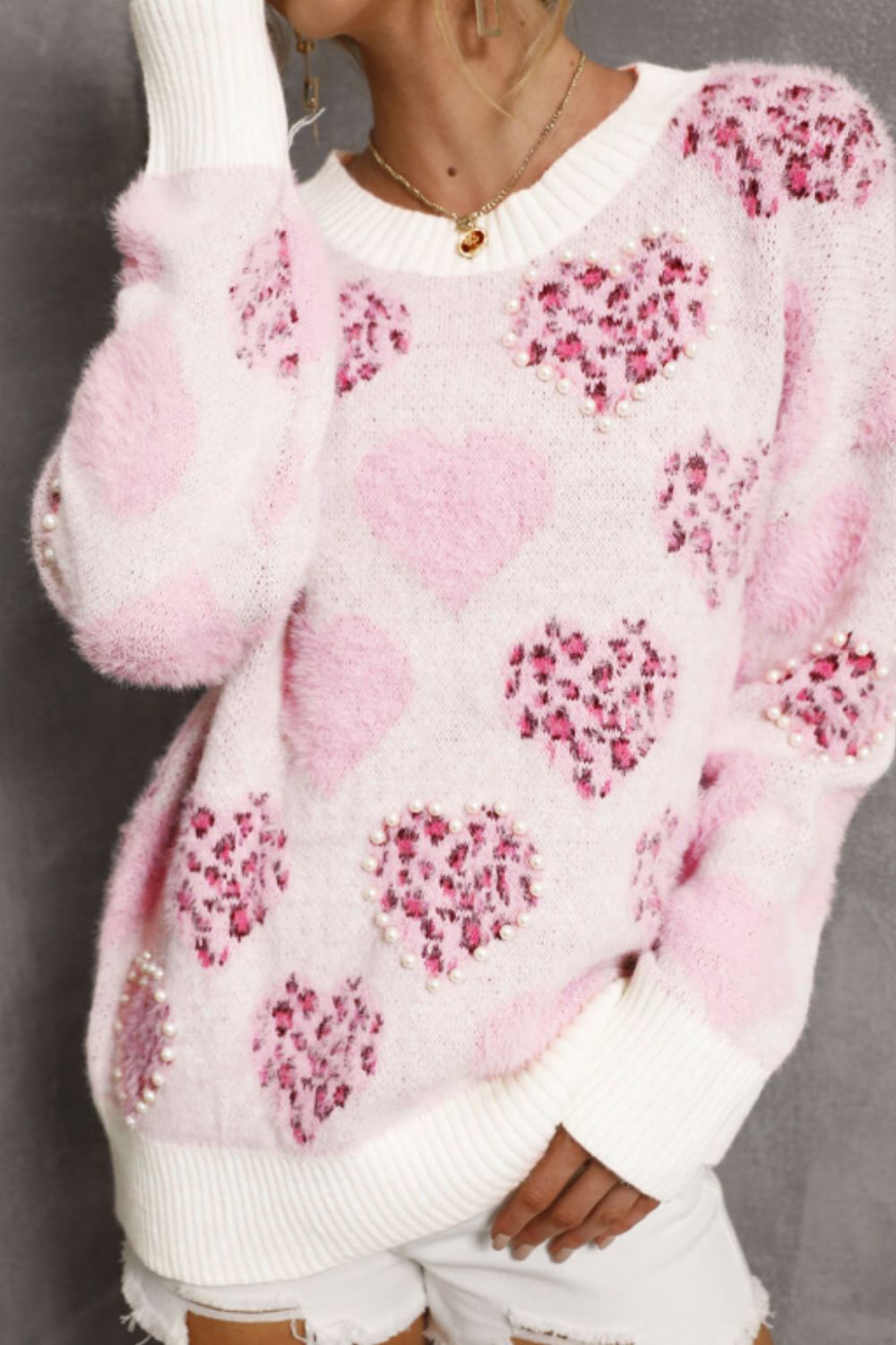 Pearl Detail Heart Round Neck Sweater - Blush Pink / S