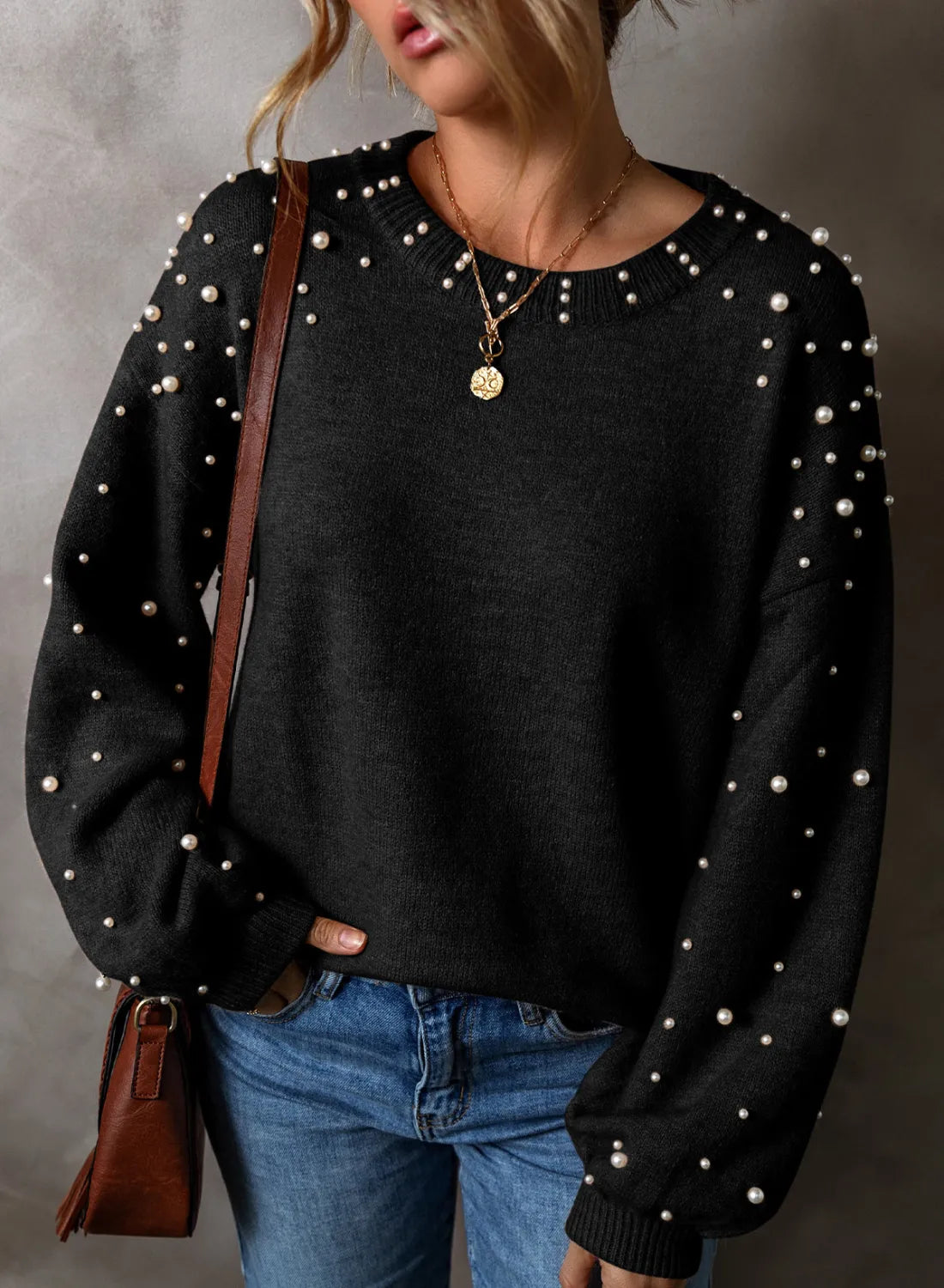 Pearl Detail Round Neck Long Sleeve Sweater - Black / S