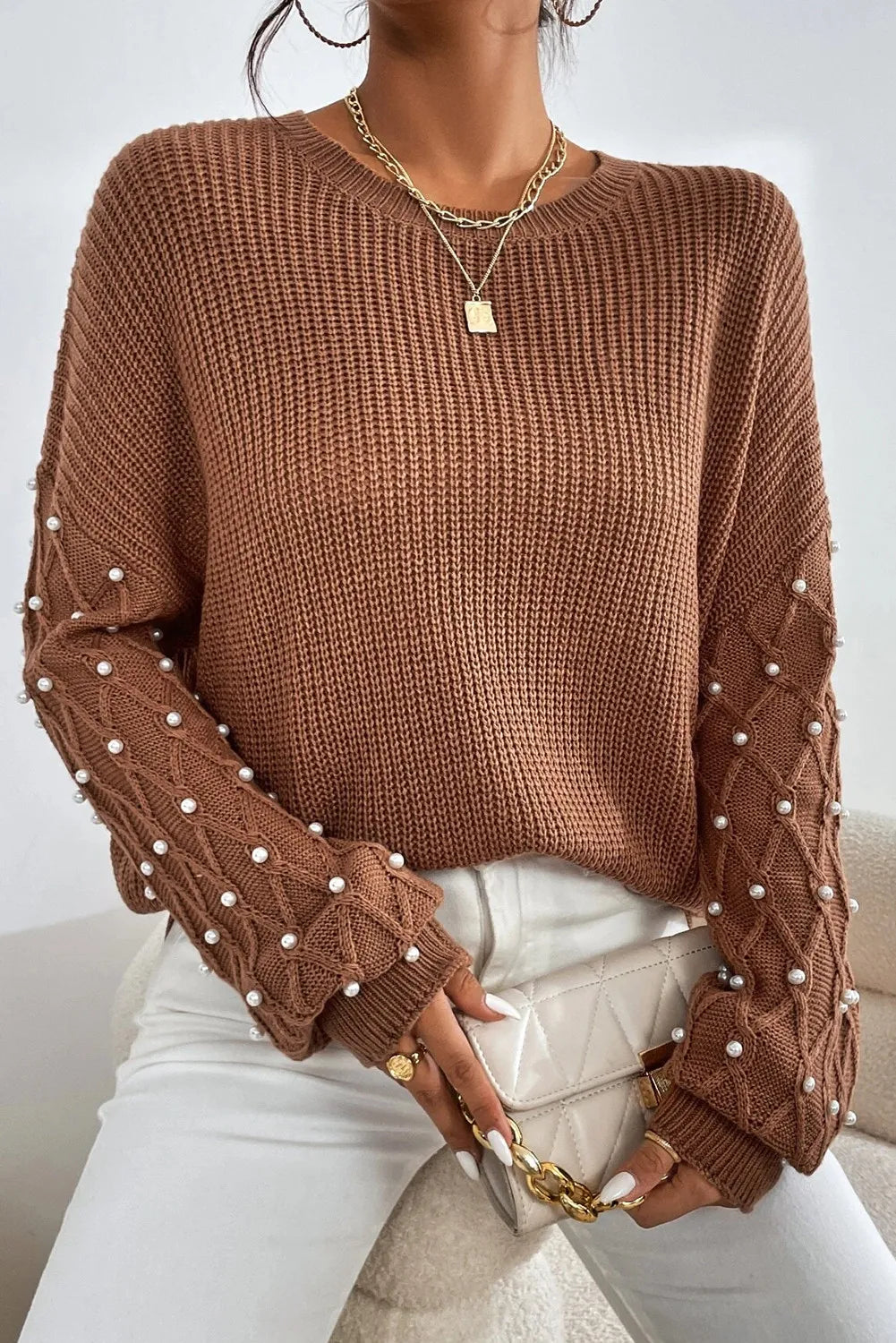 Pearl Detail Round Neck Long Sleeve Sweater - Brown / S