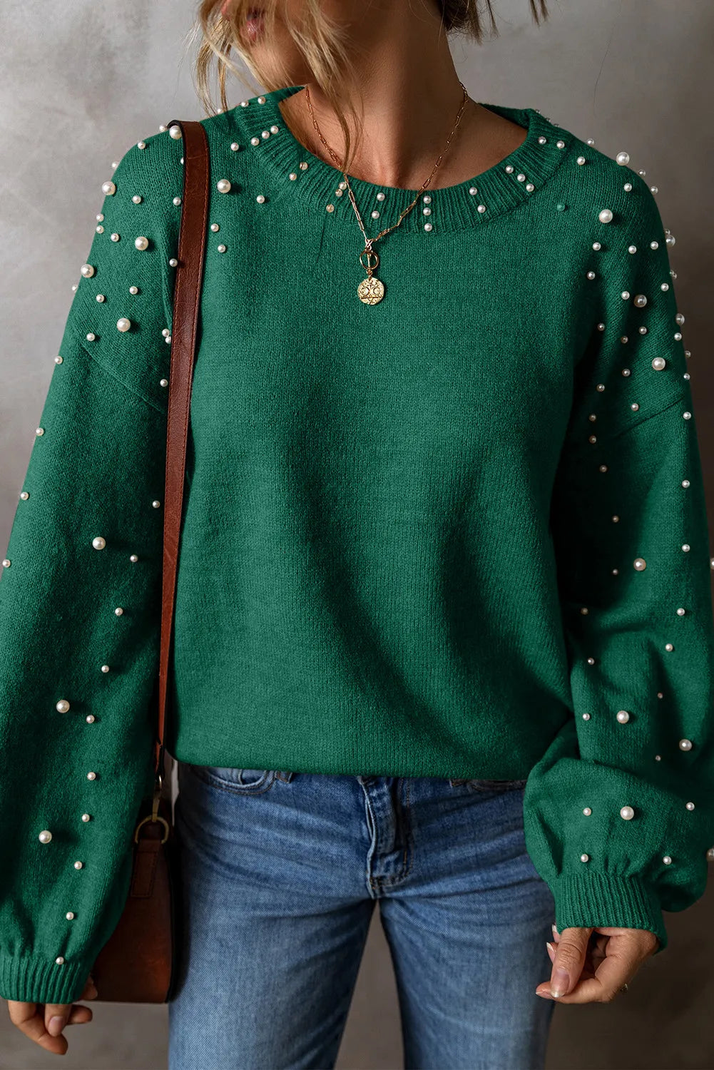 Pearl Detail Round Neck Long Sleeve Sweater - Dark Green / M