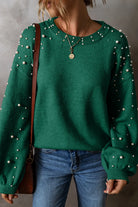 Pearl Detail Round Neck Long Sleeve Sweater - Dark Green / M