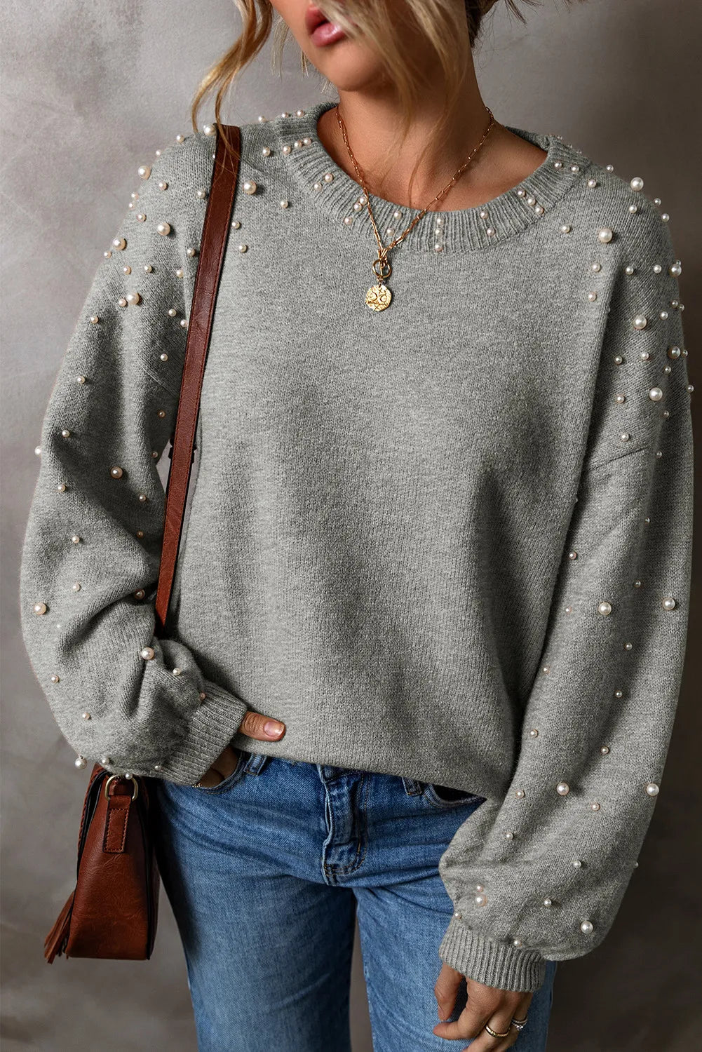 Pearl Detail Round Neck Long Sleeve Sweater - Gray / S