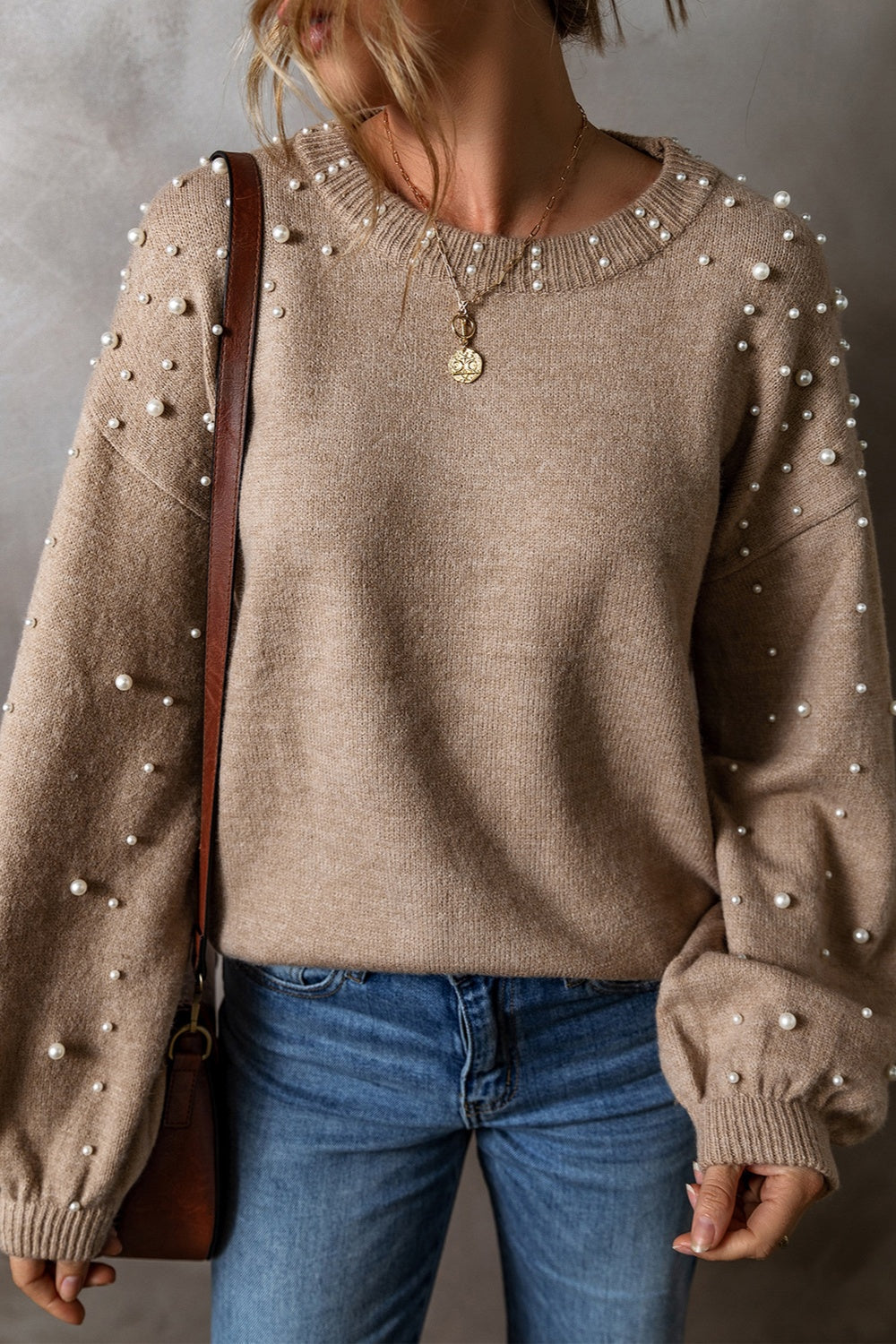 Pearl Detail Round Neck Long Sleeve Sweater - Mocha / S