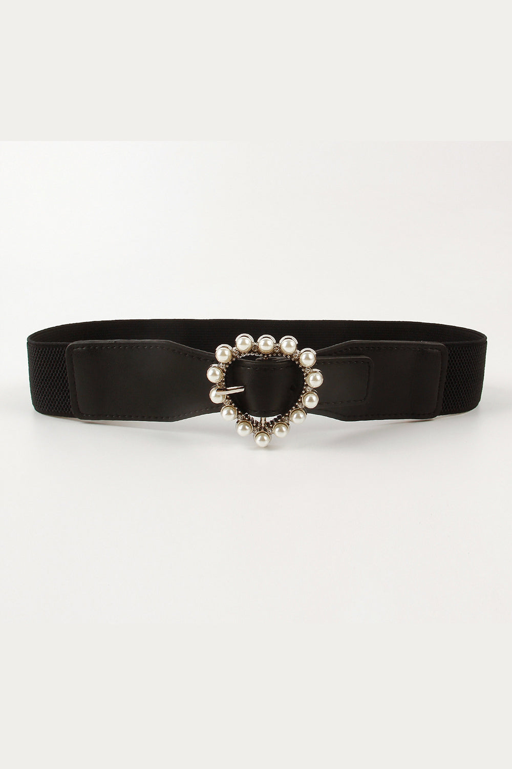 Pearl Heart Buckle Elastic Belt - Black / One Size