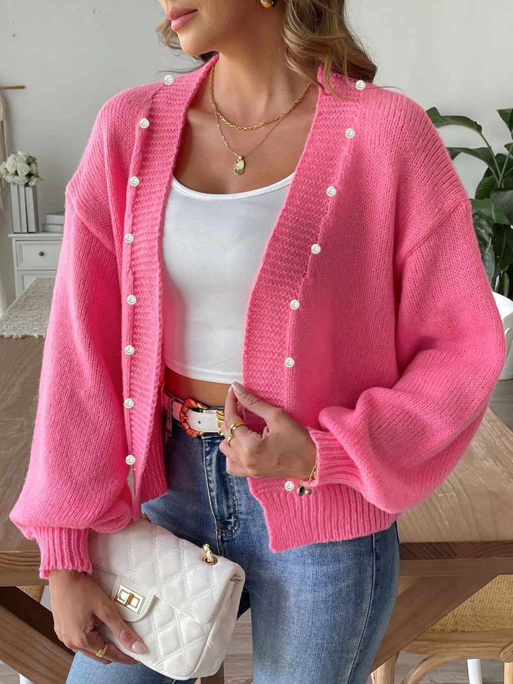 Pearl Open Front Long Sleeve Cardigan - Fuchsia Pink / S