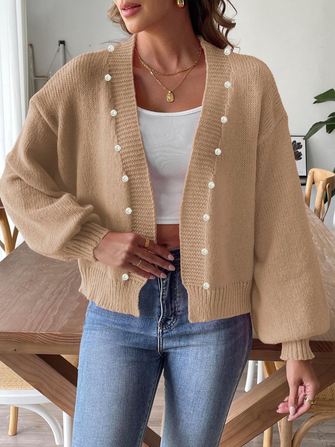 Pearl Open Front Long Sleeve Cardigan - Tan / S