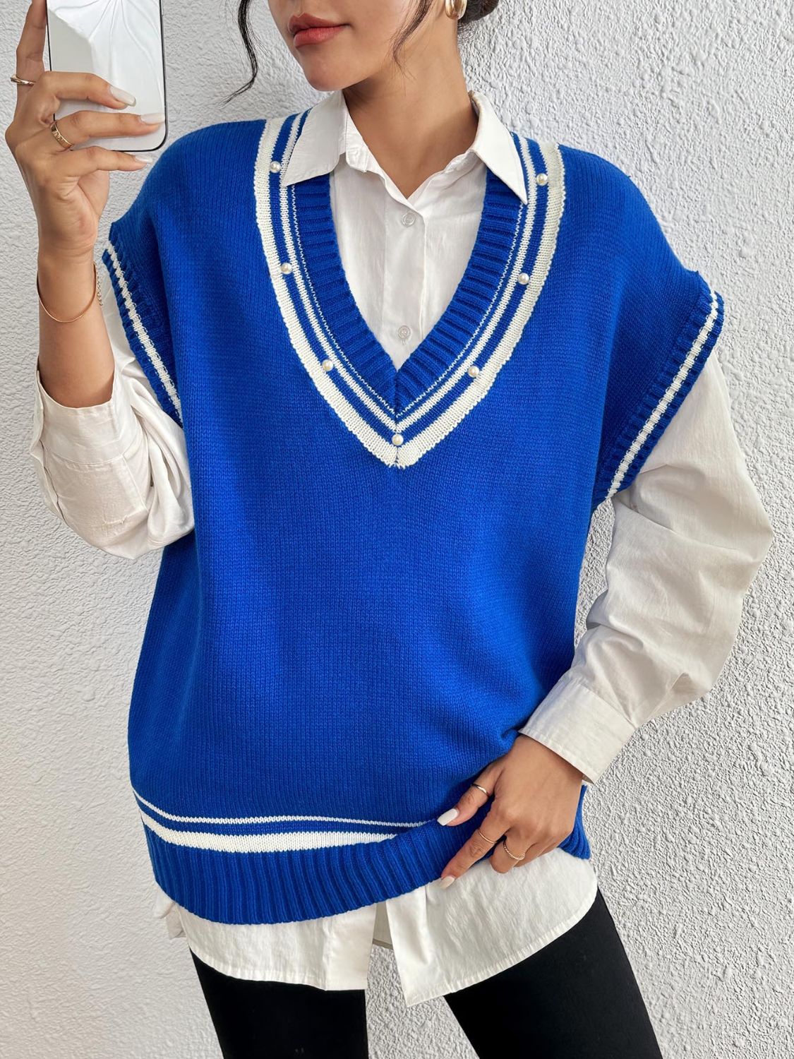 Pearl Trim Contrast V-Neck Sweater Vest - Blue / One Size