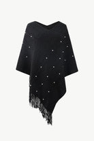 Pearl Trim V-Neck Fringe Hem Poncho - Black / One Size