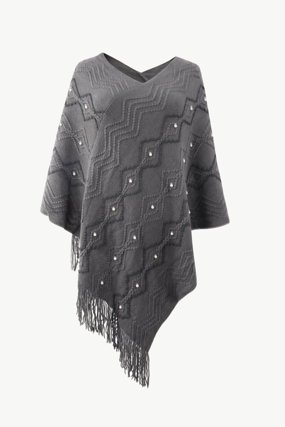 Pearl Trim V-Neck Fringe Hem Poncho - Charcoal / One Size