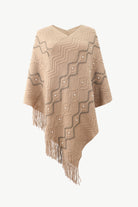 Pearl Trim V-Neck Fringe Hem Poncho - Khaki / One Size