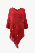 Pearl Trim V-Neck Fringe Hem Poncho - Red / One Size