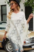 Pearl Trim V-Neck Fringe Hem Poncho - White / One Size