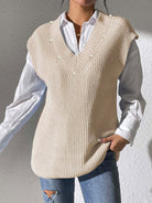 Pearl Trim V-Neck Sweater Vest - Beige / One Size