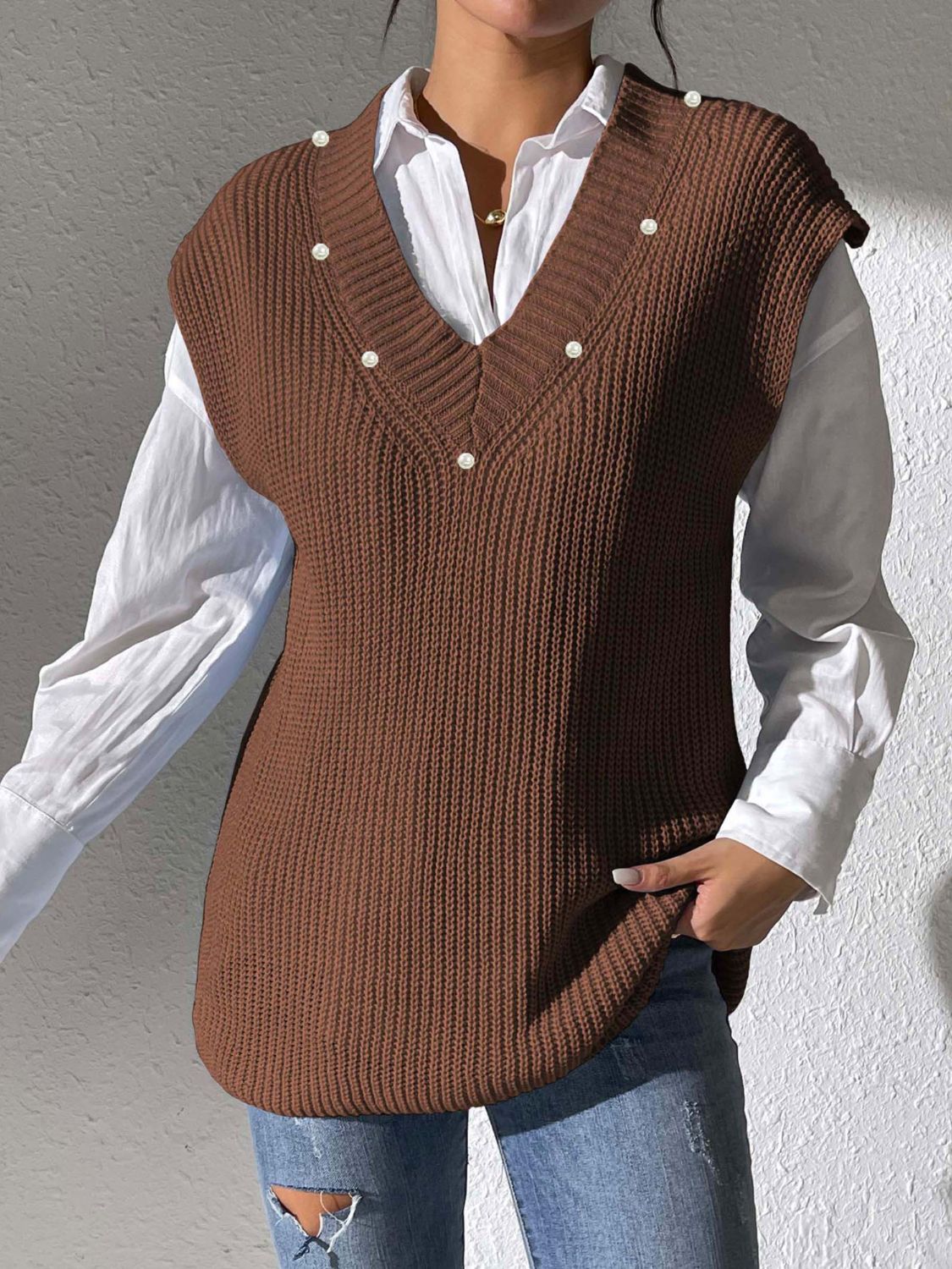 Pearl Trim V-Neck Sweater Vest - Coffee Brown / One Size