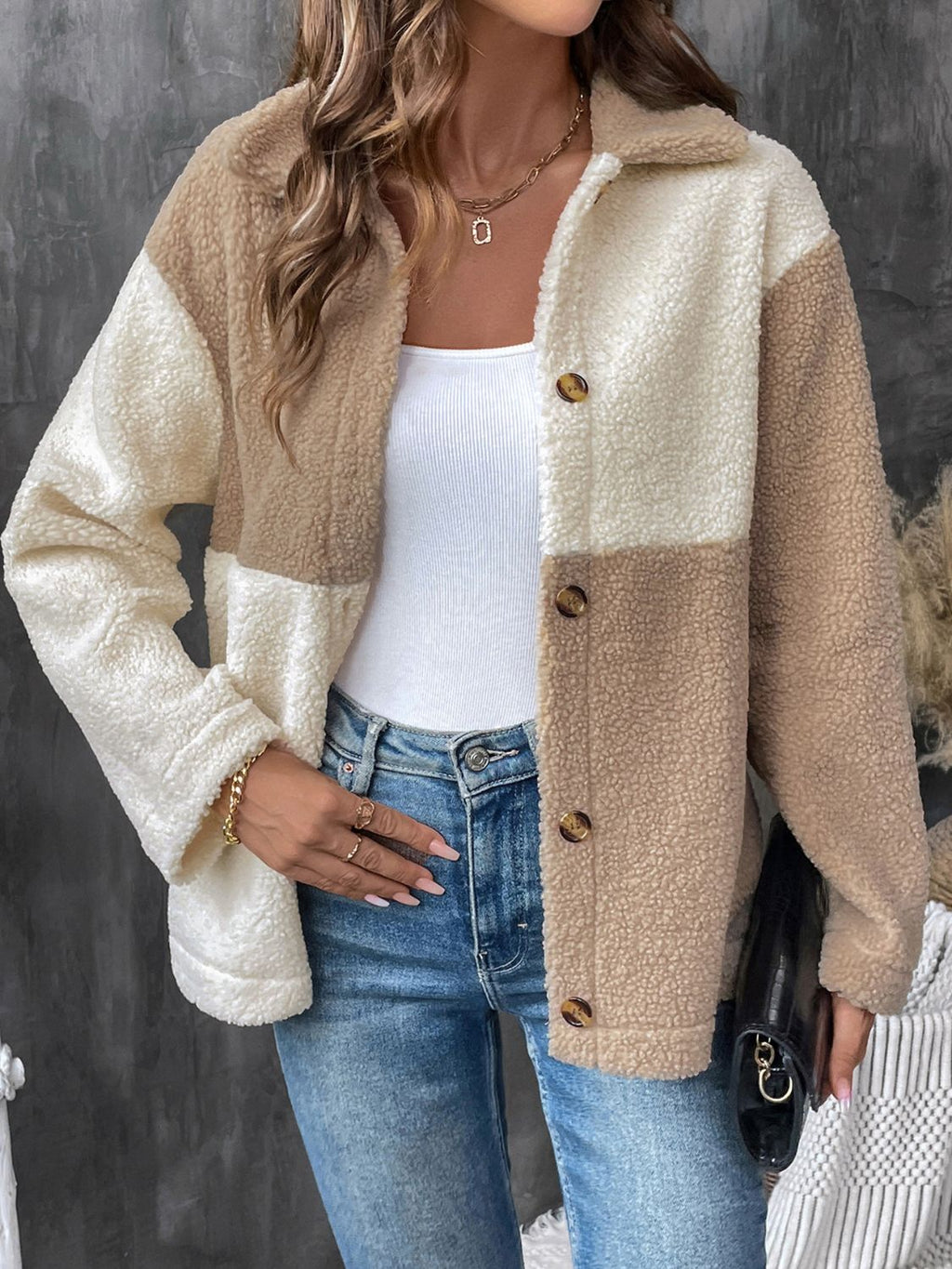 Perfee Color Block Collared Neck Long Sleeve Jacket - Tan / S