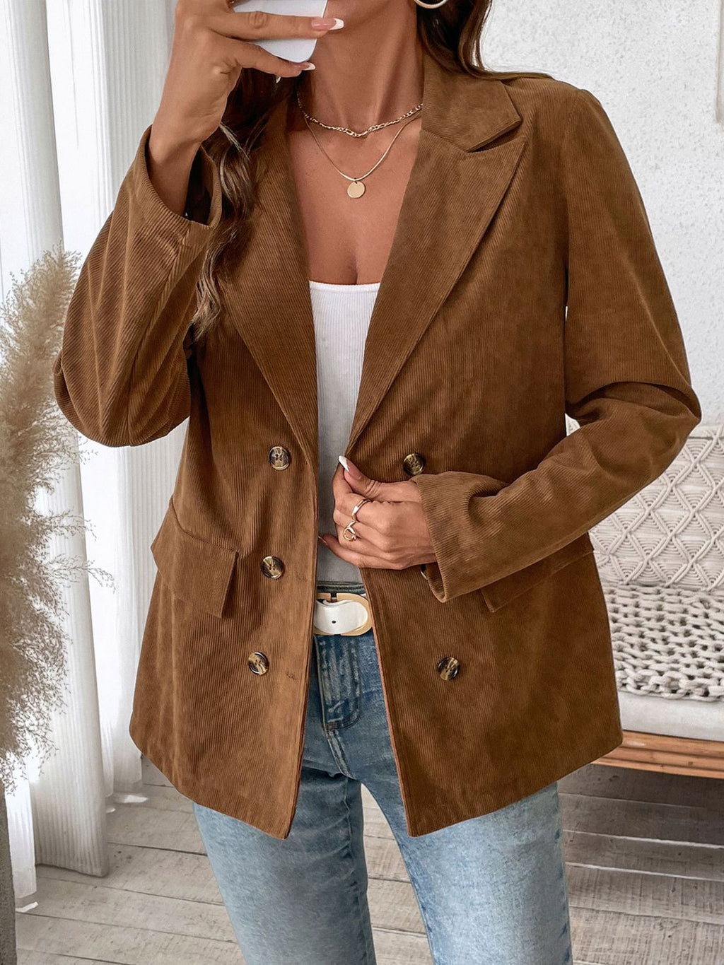 Perfee Decorative Pocket Flap Lapel Collar Long Sleeve Outerwear - Brown / S