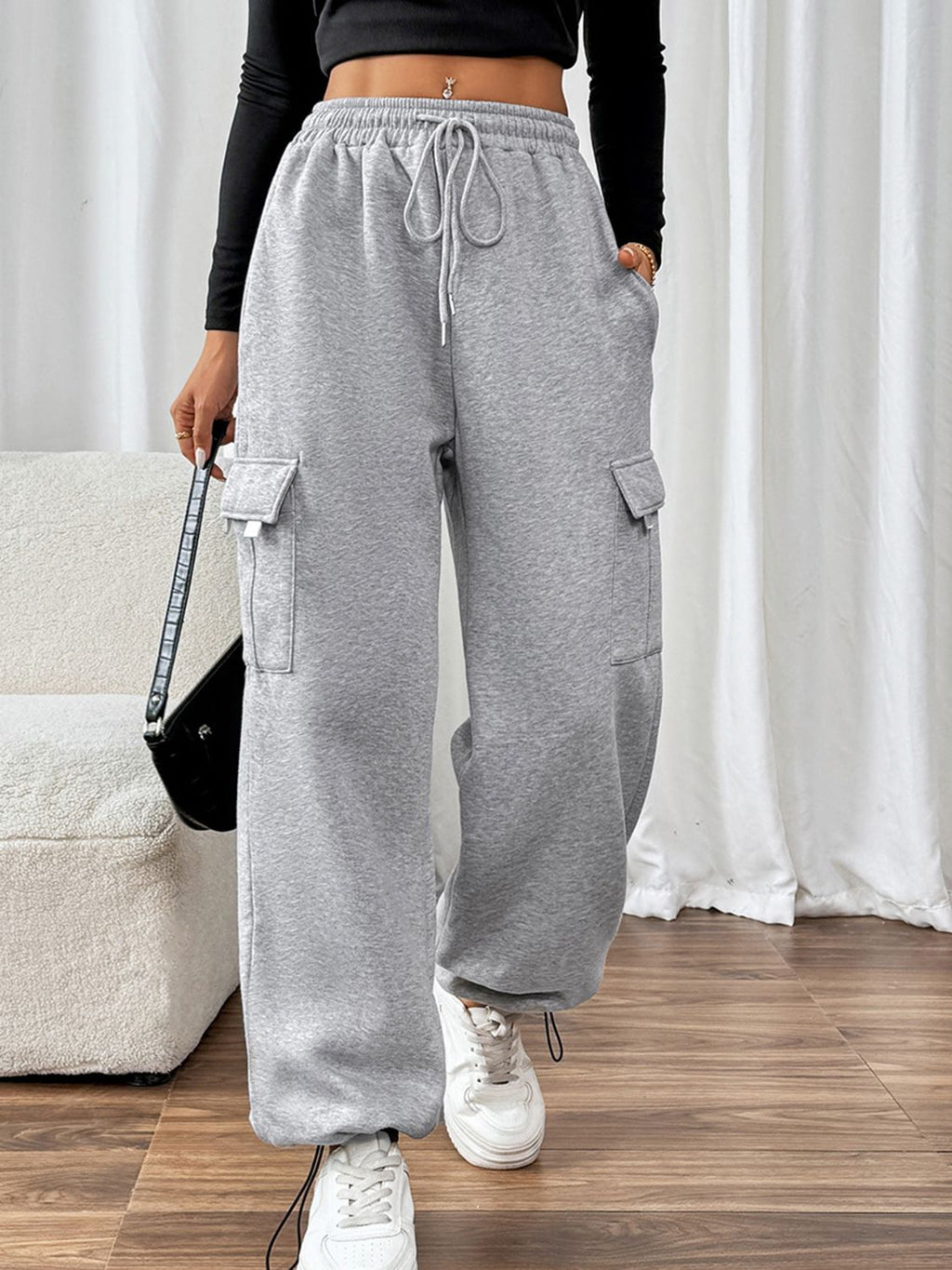 Perfee Drawstring Elastic Waist Joggers with Pockets - Light Gray / S