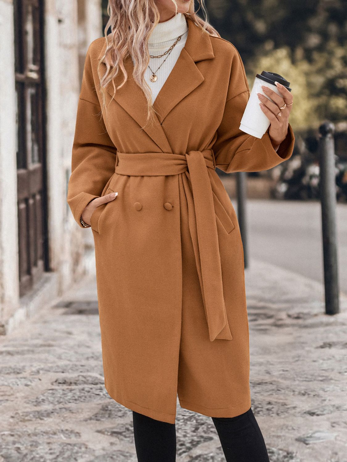 Perfee Dropped Shoulder Tie Waist Coat - Caramel / S