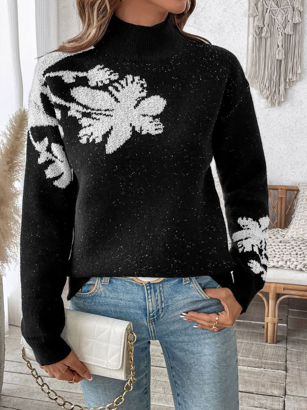 Perfee Flower Mock Neck Long Sleeve Sweater - Black / S