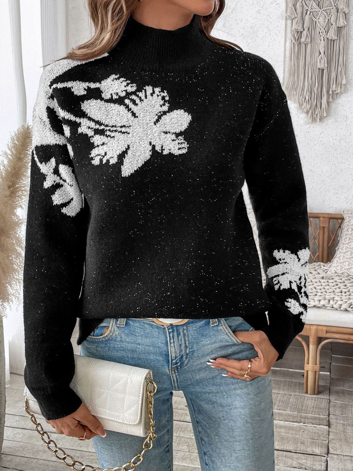 Perfee Flower Mock Neck Long Sleeve Sweater - Black / S