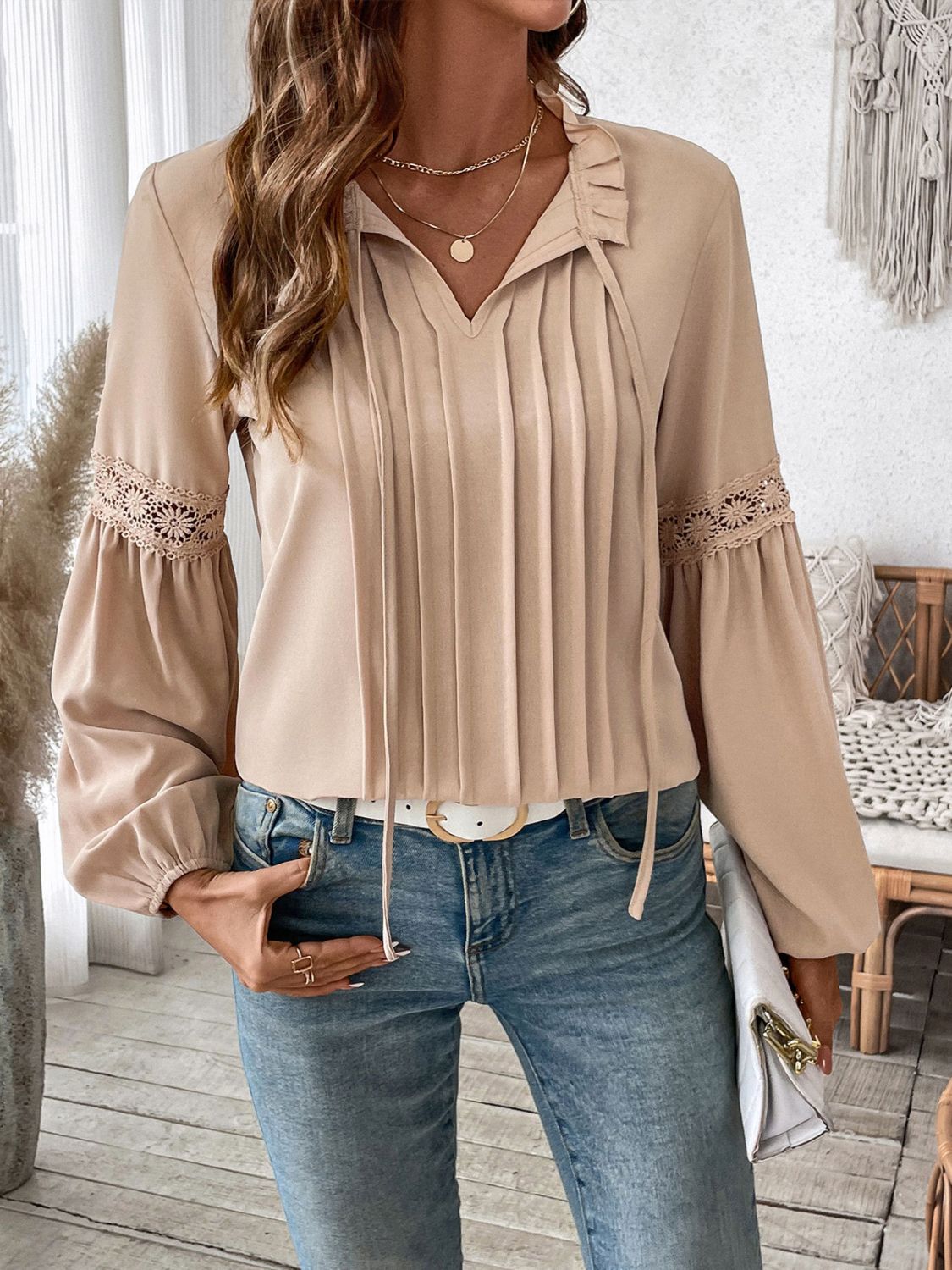 Perfee Frill Tie Neck Long Sleeve Blouse - Tan / S