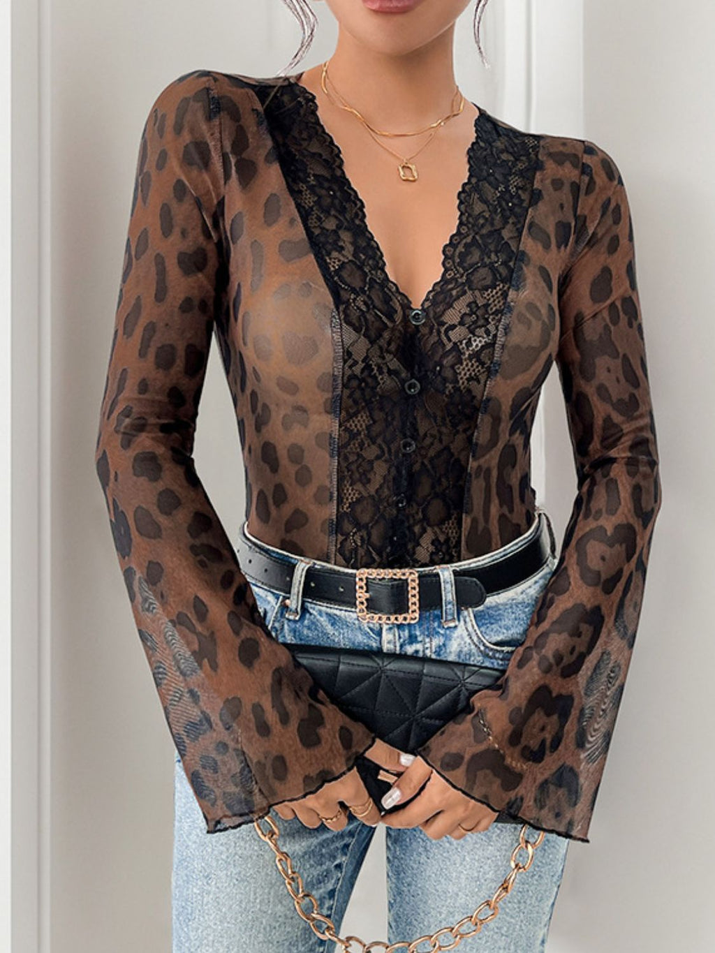 Perfee Leopard V-Neck Lace Bodysuit - Brown / S
