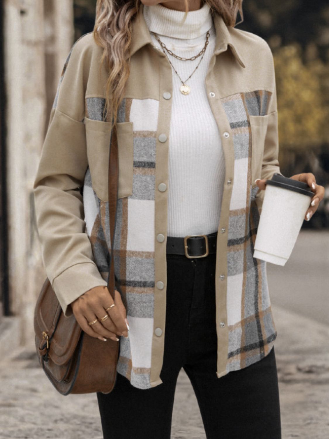 Perfee Plaid Snap Down Long Sleeve Shacket - Tan / S