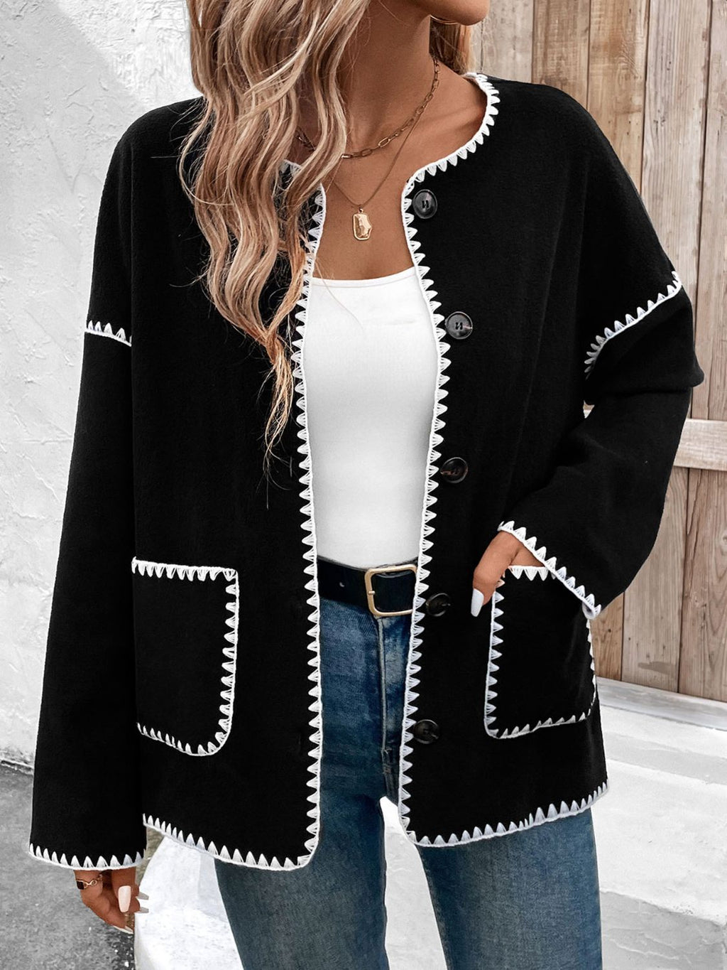 Perfee Pocketed Contrast Button Up Jacket - Black / S
