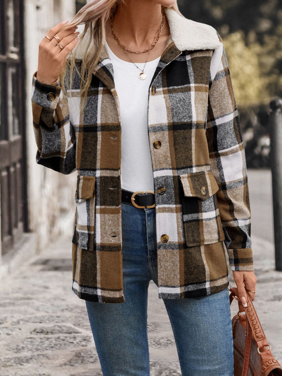 Perfee Pocketed Plaid Button Up Collared Neck Jacket - Camel / S
