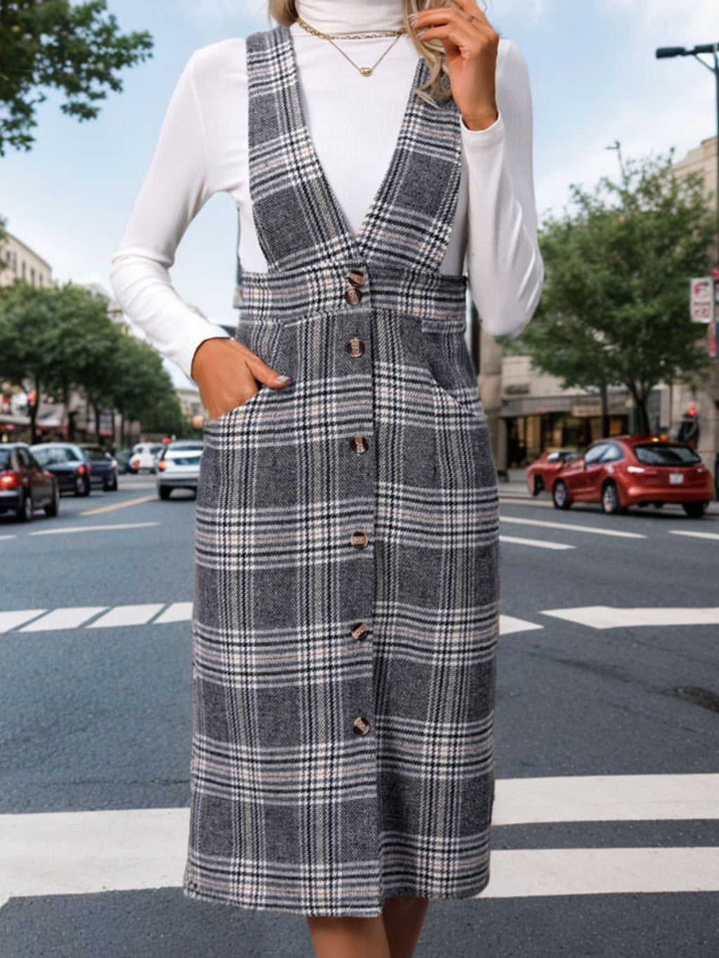 Perfee Pocketed Plaid Overall Dress - Dark Gray / S