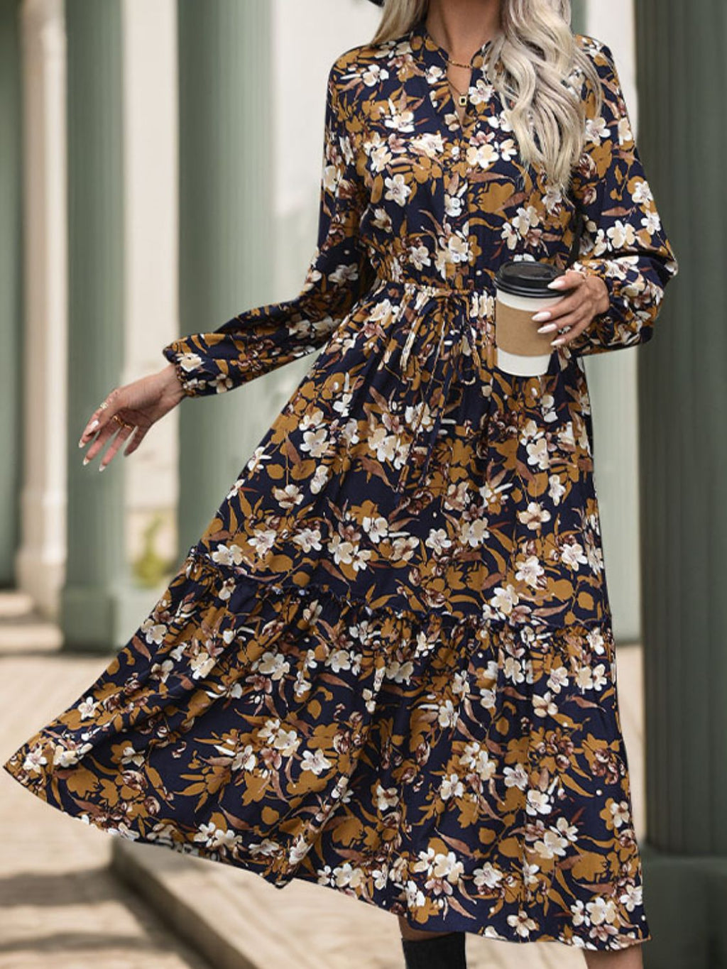 Perfee Printed Notched Long Sleeve Midi Dress - Camel / S