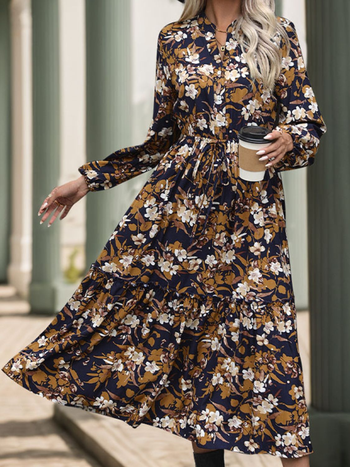 Perfee Printed Notched Long Sleeve Midi Dress - Camel / S