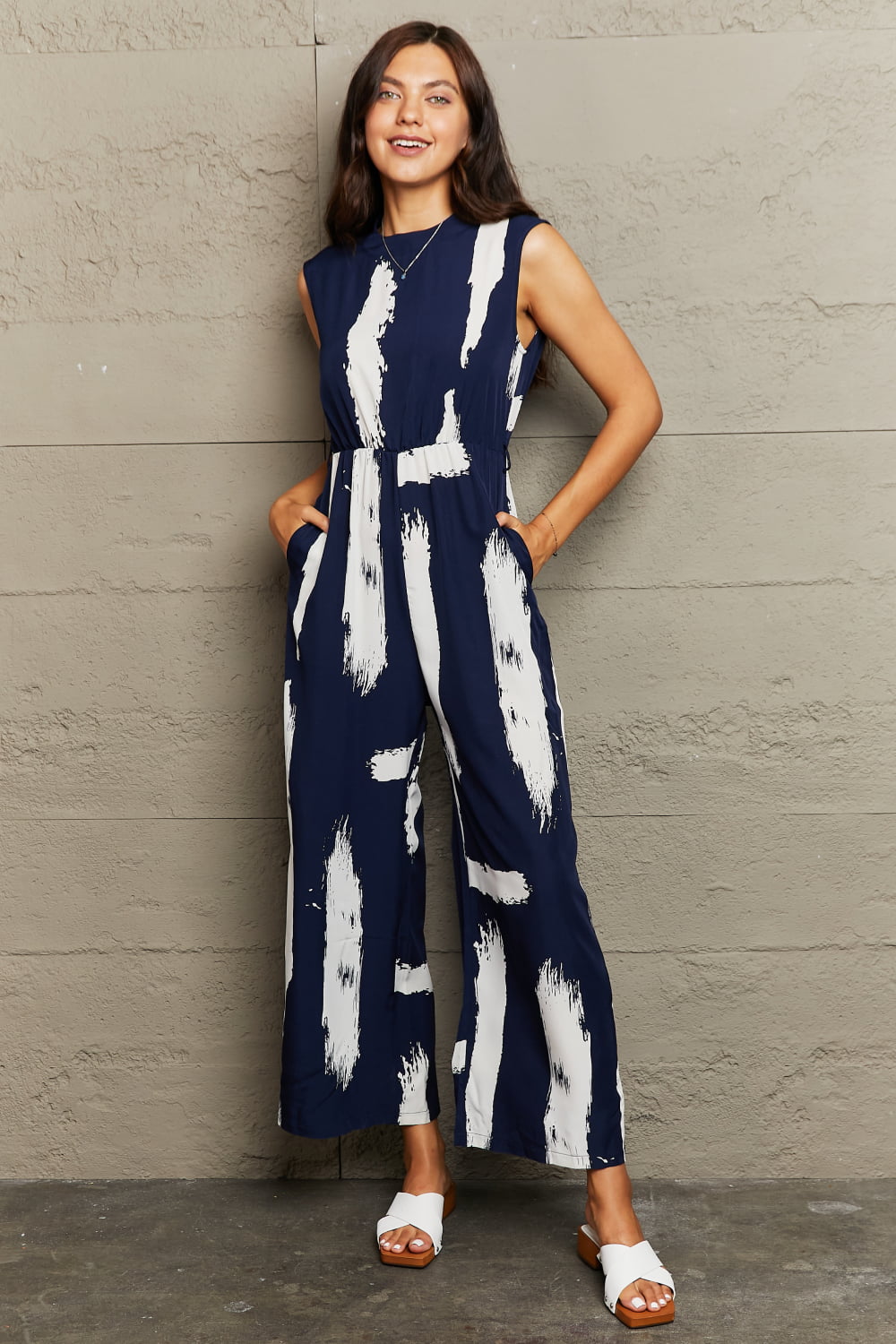 Perfee Printed Round Neck Cutout Jumpsuit with Pockets - Navy / S
