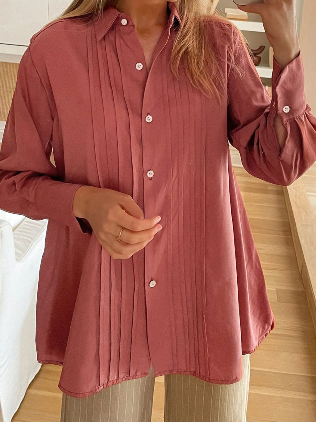 Perfee Ruched Collared Neck Long Sleeve Shirt - Dusty Pink / S