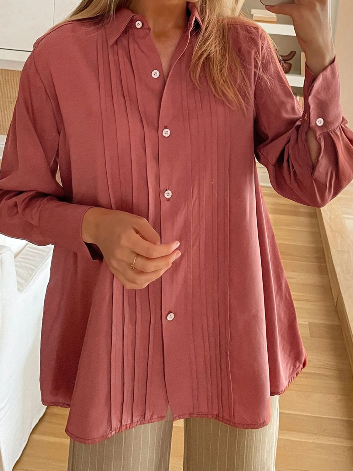 Perfee Ruched Collared Neck Long Sleeve Shirt - Dusty Pink / S