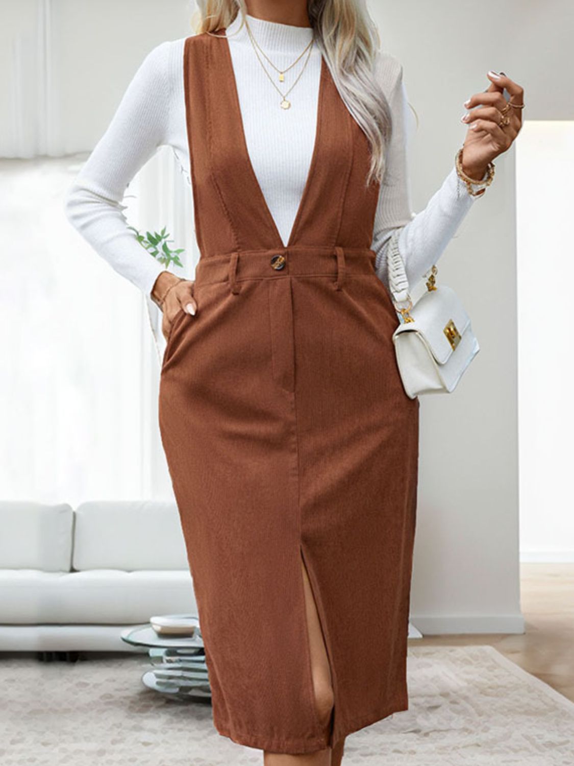 Perfee Slit Overall Dress with Pockets - Brown / S