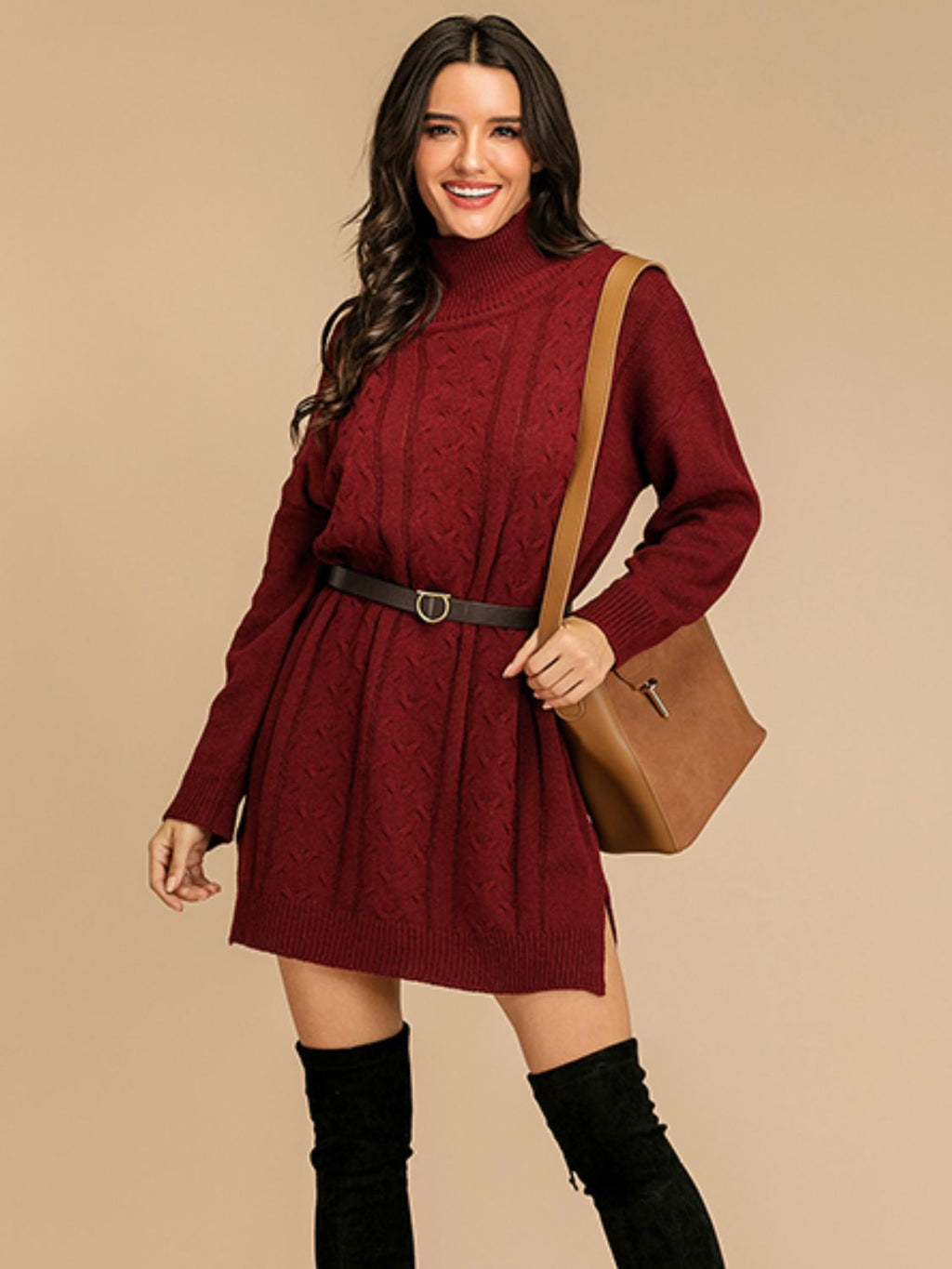 Perfee Slit Turtleneck Long Sleeve Mini Sweater Dress - Burgundy / M
