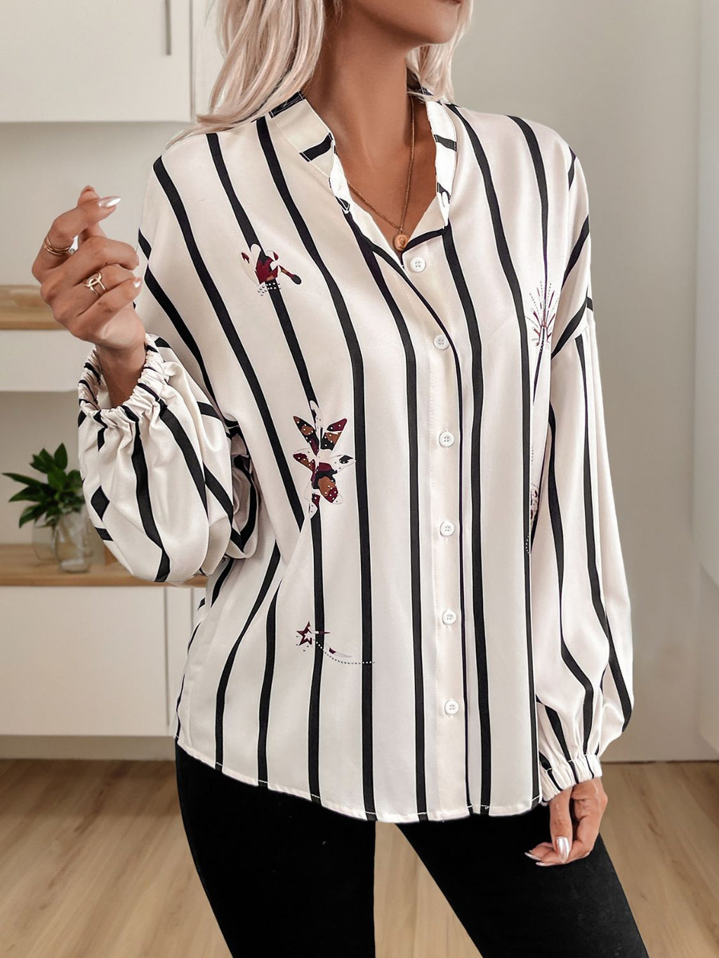 Perfee Striped Collared Neck Long Sleeve Shirt - Beige / S