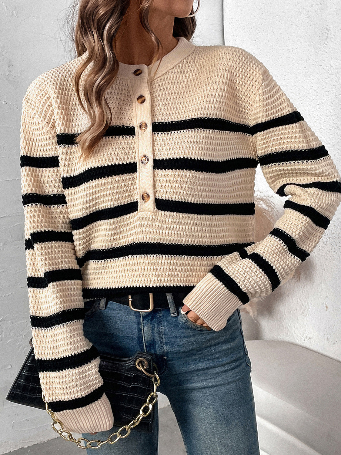 Perfee Striped Half Button Long Sleeve Sweater - Tan / S