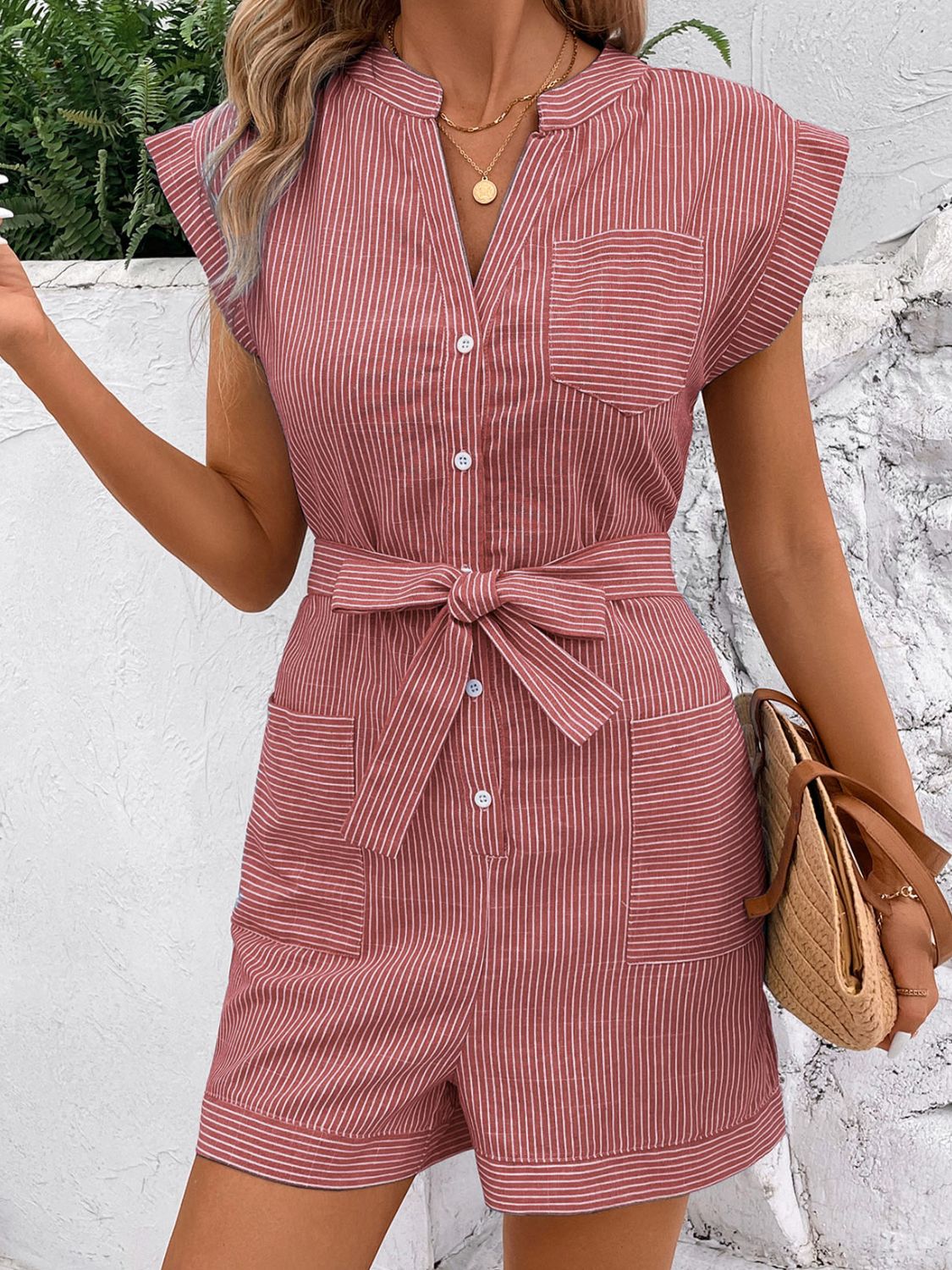 Perfee Striped Notched Tie Waist Romper - Dusty Pink / S